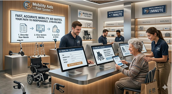 Modern mobility showroom with staff assisting customers and digital quote displays