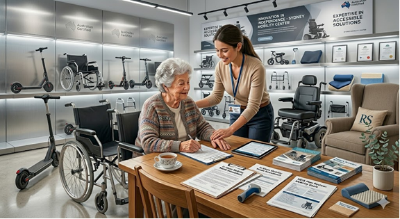 Consultation in a modern mobility showroom: staff member supporting a client with paperwork and product selection