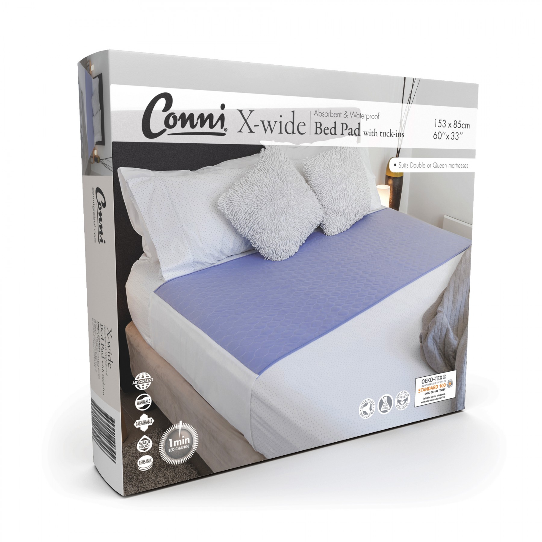 , Conni X-Wide Reusable Bed Pad with Tuck Ins 153cm x 85cm, 