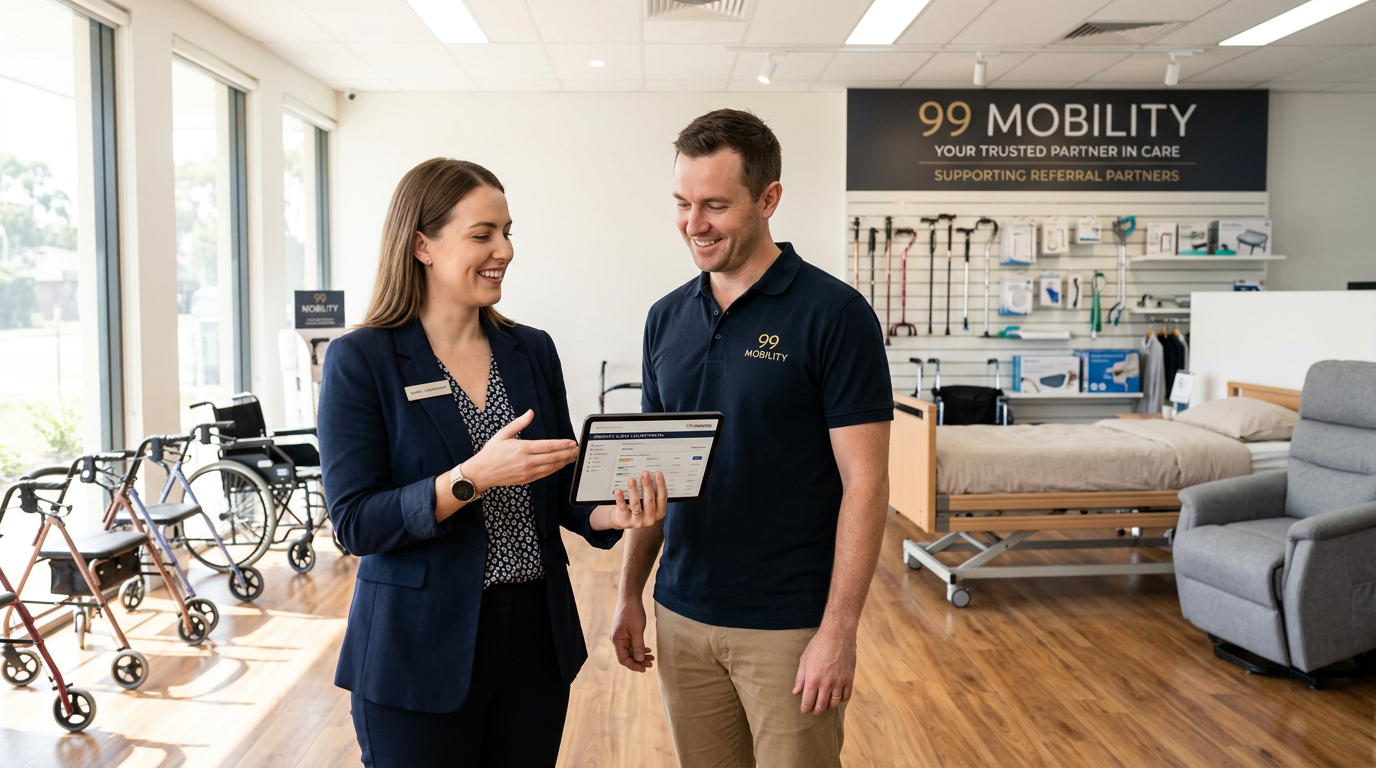 99 Mobility showroom: consultants collaborating with specialist partners beside mobility equipment