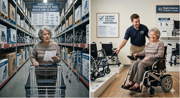 Choosing mobility equipment: overwhelming warehouse aisles versus a calm, curated showroom with personal assistance